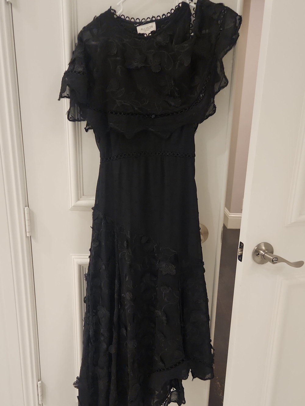 Allison Joy Black One-Shoulder Ruffle Lace Maxi Dress